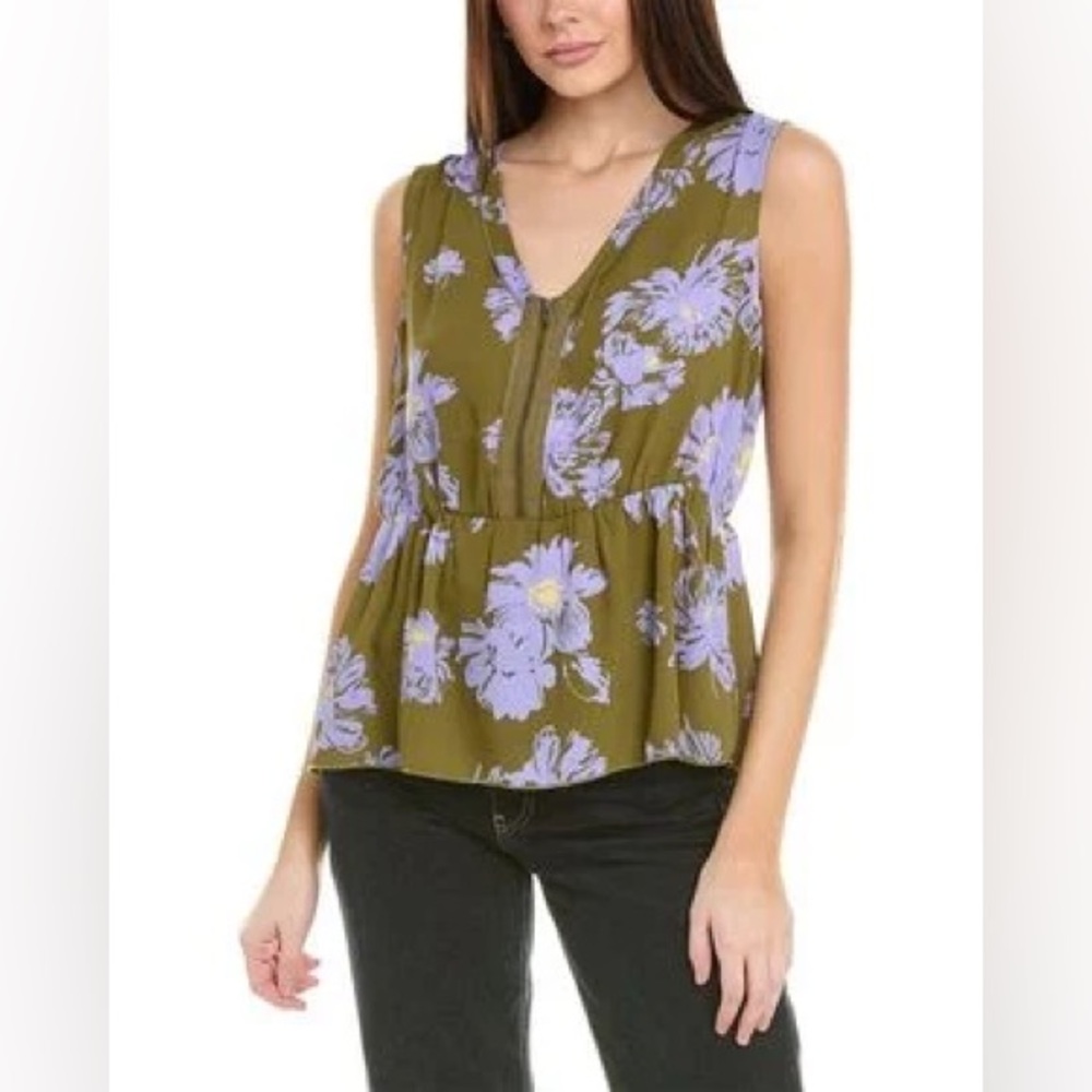 CAbi - Olive and Lavendar Floral Peplum Top